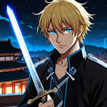 **

A handsome, anime-style teenage Leon from "The Haunted House" (神秘公寓), golden hair and blue eyes, wearing a stylish exorcist outfit. He is confidently holding his sacred sword, which glows with holy energy. Background: A mystical, slightly spooky cityscape at night, with subtle Chinese architectural elements. Emphasize a sense of heroic determination and a hint of youthful vulnerability in his expression.

**