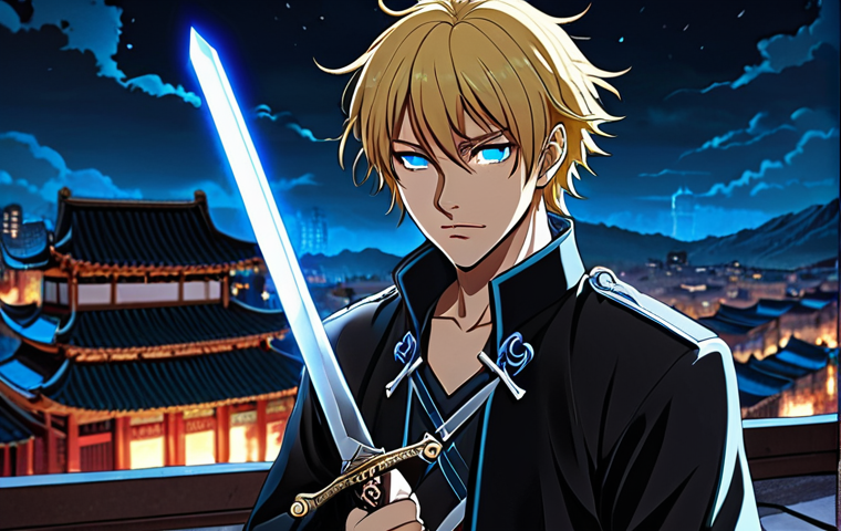 **

A handsome, anime-style teenage Leon from "The Haunted House" (神秘公寓), golden hair and blue eyes, wearing a stylish exorcist outfit. He is confidently holding his sacred sword, which glows with holy energy. Background: A mystical, slightly spooky cityscape at night, with subtle Chinese architectural elements. Emphasize a sense of heroic determination and a hint of youthful vulnerability in his expression.

**