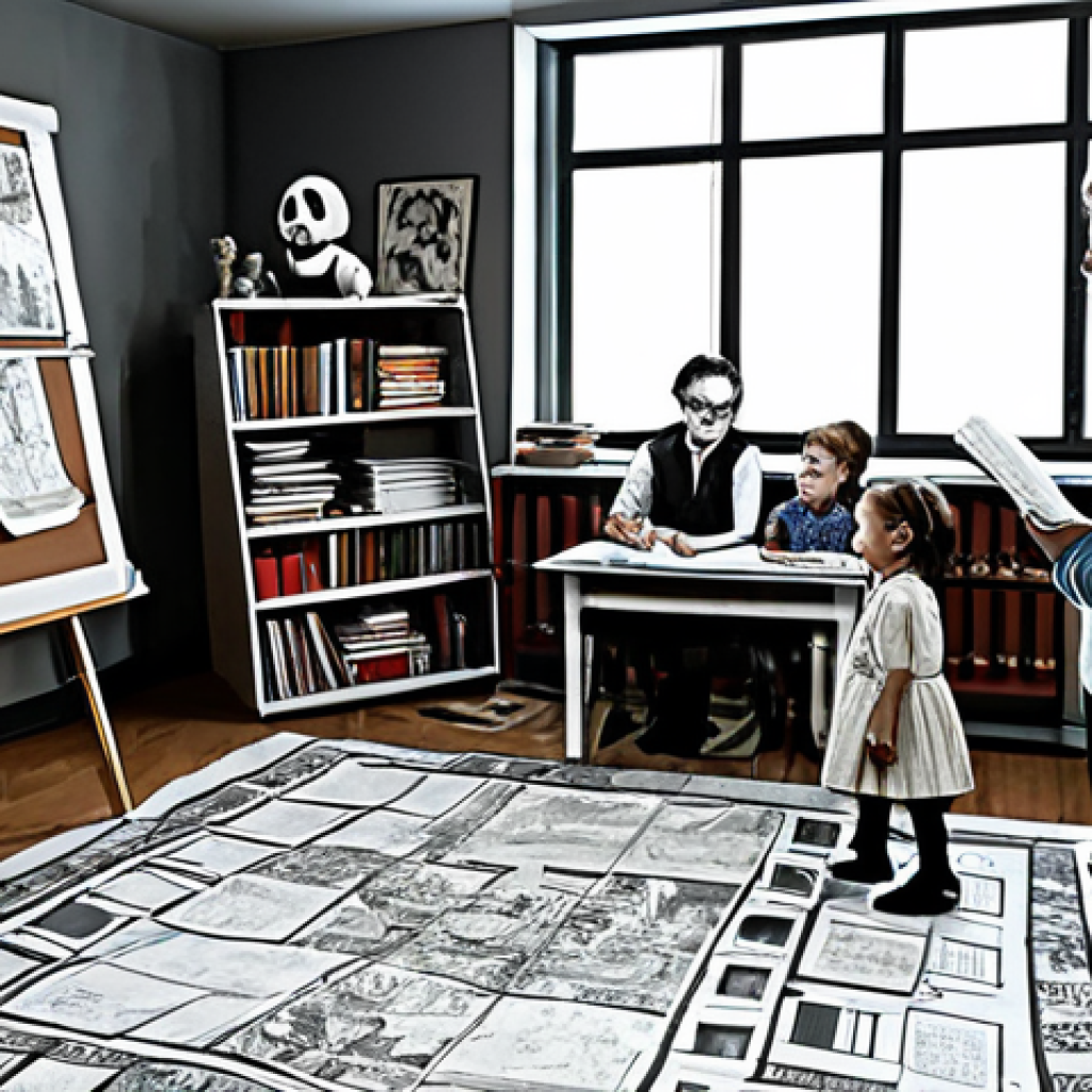 Inspiration & Memories**
A group of writers in a bright, modern studio, brainstorming ideas for a children's horror series, "The Mysterious Apartment." Fully clothed, professional attire, safe for work. They are surrounded by storyboards filled with drawings of kids playing, newspaper clippings, and spooky sketches inspired by childhood memories. Perfect anatomy, natural proportions, family-friendly, high quality.
**