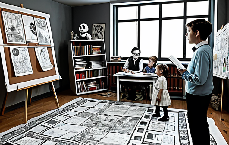 Inspiration & Memories**

A group of writers in a bright, modern studio, brainstorming ideas for a children's horror series, "The Mysterious Apartment." Fully clothed, professional attire, safe for work. They are surrounded by storyboards filled with drawings of kids playing, newspaper clippings, and spooky sketches inspired by childhood memories. Perfect anatomy, natural proportions, family-friendly, high quality.

**