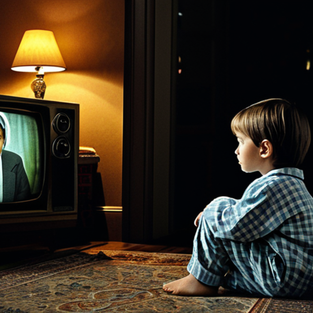 Nostalgic Childhood Memory**
A cozy living room scene, a child (around 8-10 years old, fully clothed in pajamas) sits engrossed in watching "The Haunted House" on an old-fashioned television set. The room is dimly lit, with soft, warm lighting. Emphasize a sense of wonder and nostalgia. Safe for work, appropriate content, family-friendly, perfect anatomy, natural proportions, professional illustration.
**