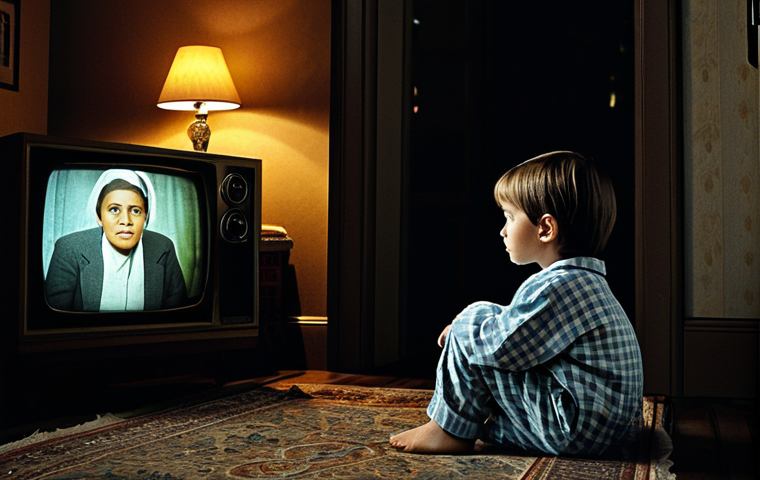 Nostalgic Childhood Memory**

A cozy living room scene, a child (around 8-10 years old, fully clothed in pajamas) sits engrossed in watching "The Haunted House" on an old-fashioned television set. The room is dimly lit, with soft, warm lighting. Emphasize a sense of wonder and nostalgia. Safe for work, appropriate content, family-friendly, perfect anatomy, natural proportions, professional illustration.

**
