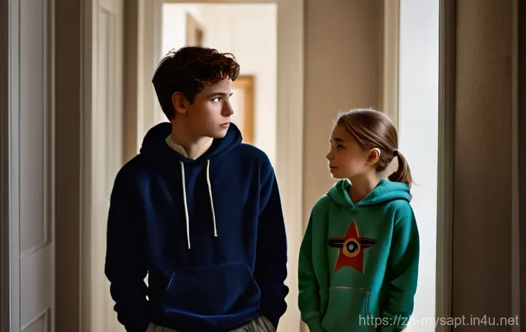 신비아파트와 심리학의 접점 - **Prompt:** A curious young boy and a brave young girl, reminiscent of Harry and Doori, stand in a d...