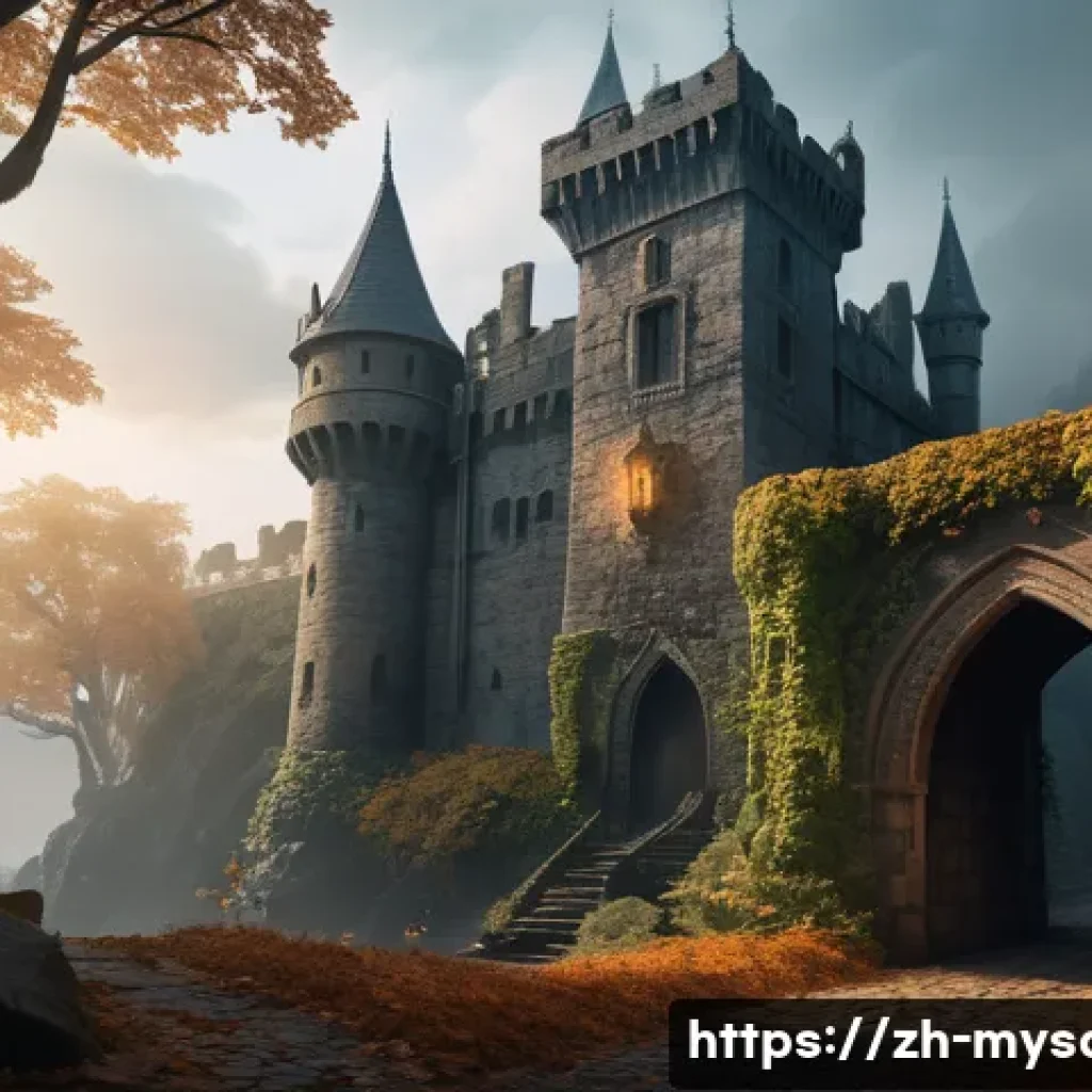 신비아파트 공식 스토리북 - A richly detailed fantasy scene depicting a mysterious ancient castle shrouded in mist and shadow, w...