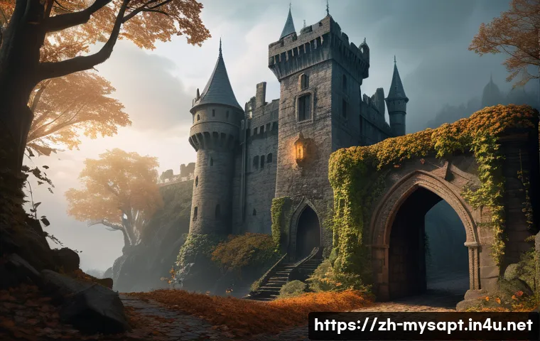 신비아파트 공식 스토리북 - A richly detailed fantasy scene depicting a mysterious ancient castle shrouded in mist and shadow, w...
