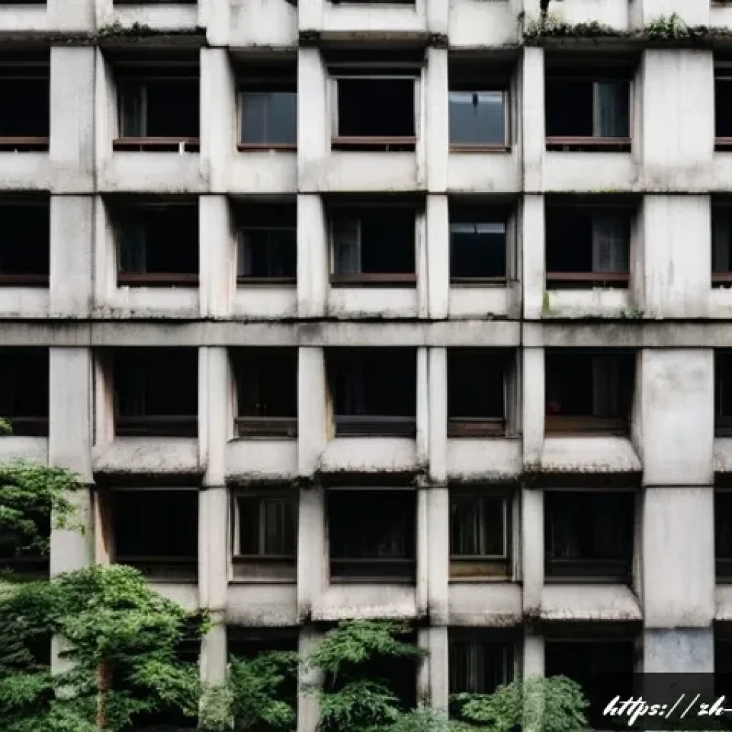 신비아파트 오컬트와 학문적 해석 - A detailed urban scene of a 1980s Soviet-style apartment building in China, showing the aged concret...