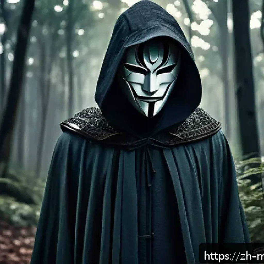 신비아파트 레온의 과거와 트라우마 - A young male character wearing a detailed, mysterious mask covering half of his face, standing alone...