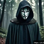 신비아파트 레온의 과거와 트라우마 - A young male character wearing a detailed, mysterious mask covering half of his face, standing alone...