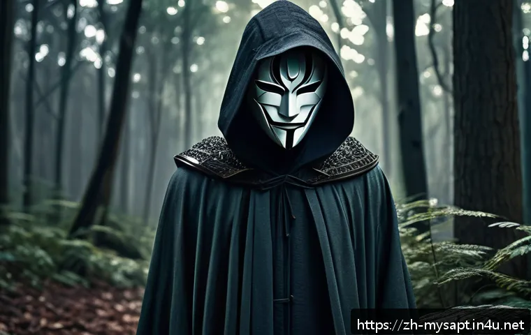 신비아파트 레온의 과거와 트라우마 - A young male character wearing a detailed, mysterious mask covering half of his face, standing alone...