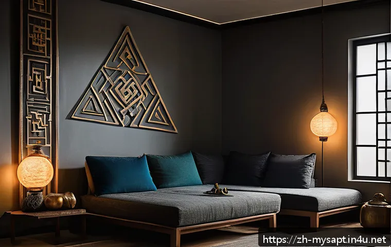 신비아파트 오컬트 요소 분석 - A dimly lit modern apartment corner featuring ancient mysterious symbols painted on the walls, inclu...