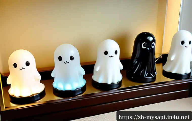 신비아파트 피규어 소장법 - Photorealistic collector’s display cabinet featuring a neatly arranged set of original cute ghost an...