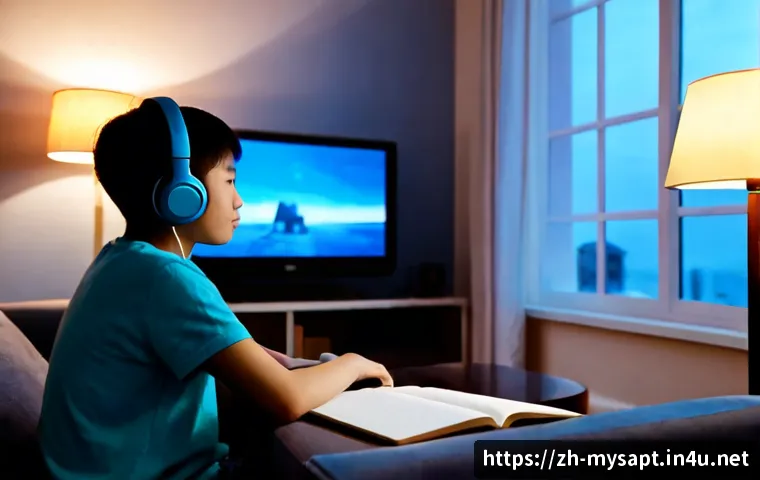 신비아파트 엔딩곡 분석 - Photorealistic evening scene of a cozy family living room, a teenager wearing headphones thoughtfull...