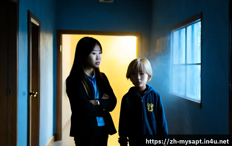 신비아파트 강림과 금비의 협력 - Photorealistic cinematic scene of a brave teenage paranormal investigator in a dark school corridor ...
