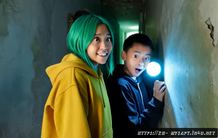 신비아파트 신비와 금비 비밀 해제 - Photorealistic cinematic scene of two original young ghost-hunting friends, a cheerful green-haired ...